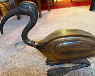 metal head and legs, wood body; crouching Ibis, symbol of Thoth