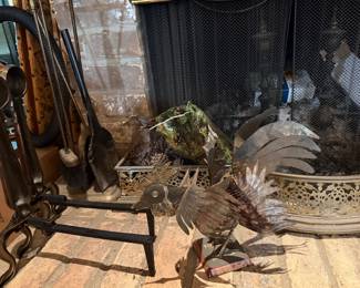 andirons, brass rooster, brass fireplace fender