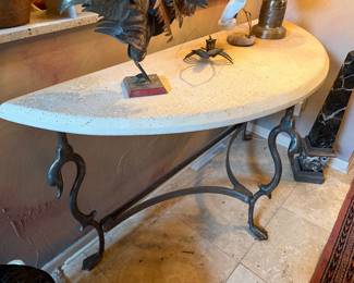 travertine top, figural iron base entry table