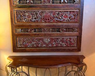 antique Chinese wood carved and painted panels; wood and iron console table