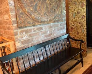 6' wood spindle bench; 48"square metal wall art medallion