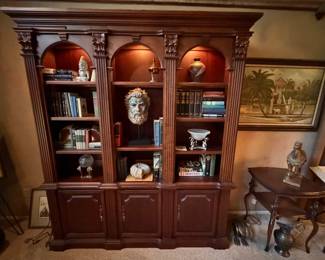 Hooker bookcase cabinet, lighted, cherry veneer over hardwood