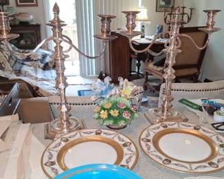 England plated incredible candlesbra pair 800.00porcelain plates 20 gold gilted /Cambridge stretch glass azurite bowl 45.00