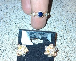Sapphire and diamond 14kt ring sz7 350.00/14kt diamond tricolor earrings 400.00