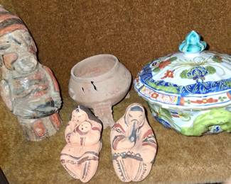 Belize pre Columbian pottery man 165.00 . COASTA RICAN TRI-LEGGED PER COLUMBIAN VASE 190. ALASKAN LITTLE PAIR 65.00