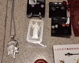 Silver plaque 100. Jesus Italian chian sterling silver 120.00/jade disk 45.00/400.0014kt gold tricolor diamonds