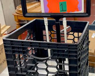 LOT #156  -  LOT OF 3 SIGN HOLDERS, 2 MILK CRATES