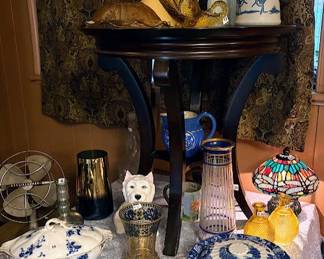 vintage Westinghouse metal fan, vintage glassware, lamp table