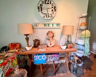 Wood Table, garden girl bust, clock, lamps & more