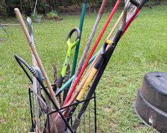 cart of rakes & yard tools
