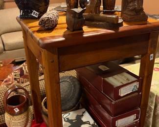 Nice little wood table, ceramic owl, wood owl, sage, dog figurine, candles, incense bookend, glass cowboy box