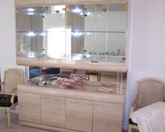 MARBELIZED DISPLAY CABINET & PAIR OF CANE-BACK ARMCHAIRS