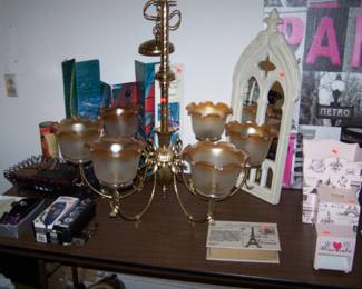BRASS CHANDELIER WITH GLASS SHADES, MIRROR & MORE