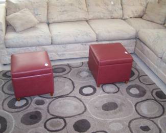PAIR OF BURGUNDY OTTOMANS & AREA RUG