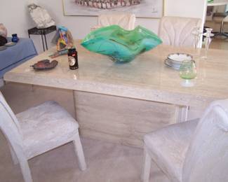MARBELIZED DINING TABLE/4 CHAIRS (HAS LEAF), GREEN STUDIO GLASS BOWL & SMALLS