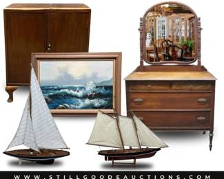 Williams Sonoma, mirrors, hats, Boyds bears, Patrick Nagel prints, Fenton custard glass, antique tools, silver plate, Rowe pottery, Ashley furniture, Jim Shore, cookware, mid-century modern furniture, handbags, bicycle, stamp collection, and more!