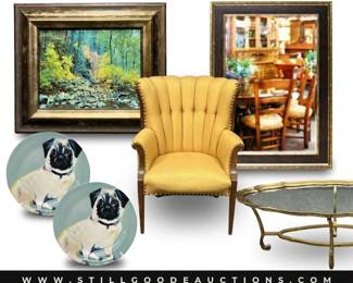 Tiara black cameo glassware, chandeliers, golfballs, glassware, crystal, spotting scope, BB gun, Arthur Court, ELFA storage system, Bose speakers, Lane cedar chest, Kate Landry evening bag, Ninja Foodi air fryer, floor lamps, decorative eggs, Tiffany letter opener, Nambe, Franciscan apple, Fisher Price, vintage record player console, lamps, Blue Danube, Hooker furniture, and more!