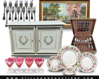Wedgwood, paint sprayer, golf balls, Mackenzie Childs, Le Creuset, Waterford Crystal, Brighton, Buddha figurines, steins, Calphalon, Ralph Lauren, cloisonne, Murano glass, Stiffel lamps, fishing reels, sterling silver, antique books, bakeware, Vera Bradley, foo dog, Roseville pottery, Weller pottery, Z Gallerie, and much more!