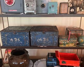Collection of combination Safe banks , Soap company tins w dancing nymphs 