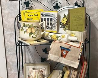 Lemonade pitcher , cookbooks , rolling pin planter 