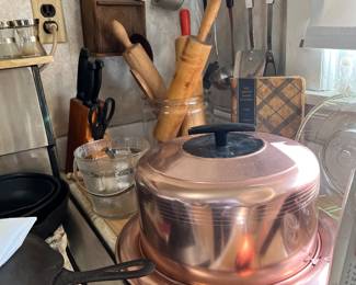 Copper Color cake tin , wood rolling pins 