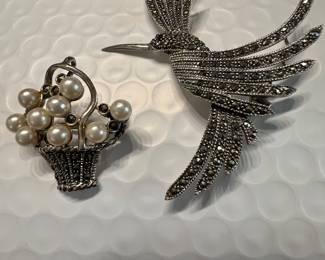 Sterling pearl basket pin.  Sterling marcasite bird 