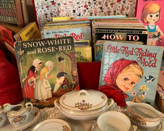 Child’s China tea set , doll trunk , children’s books 
