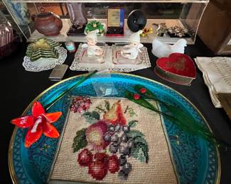 Metal tray , needlepoint square , glass flower 