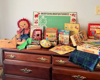 Cherry chest of drawers , old raggedy Andy  alphabet school board , ABC blocks 