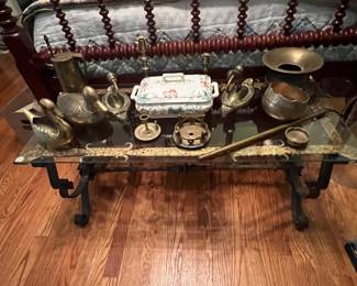 Glass top brass base coffee table 