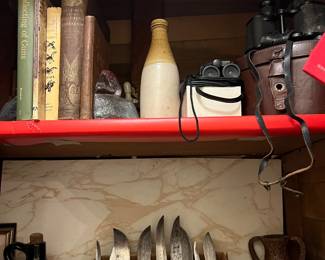 Binoculars, crock bottle