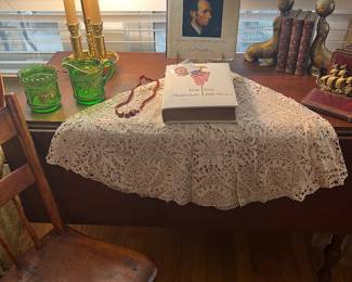 Drop leaf walnut table   Crochet lace tablecloth 