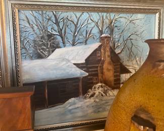 Oil painting of cabin near old Union church in Overton county 