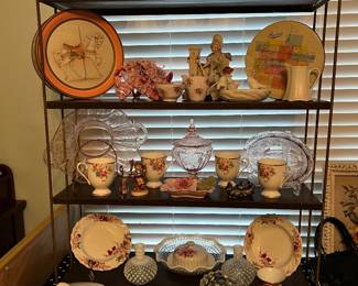 Pink depression glass, cups and saucers , white hobnail bottles , tins 