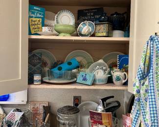 Amish print Pyrex  , aprons , cookbooks , vintage mixer 
