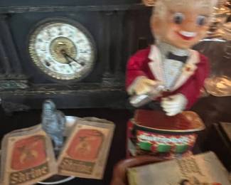 Mantle clock   Mechanical. Drink mixer toy 