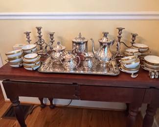 Walnut side table  Silver tea service 