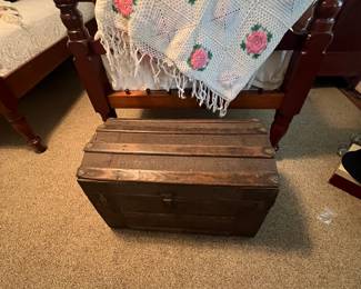 Child’s trunk , crochet pink flower throw
