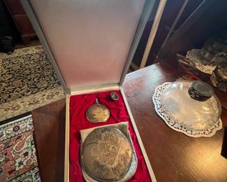 Silver compact & perfume w tiny funnel 