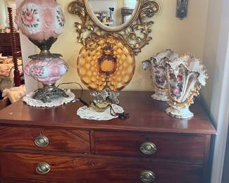  Federal style mahogany chest w brass pulls   Ornate gold leaf mirror 