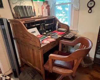 Oak rolltop desk and matching oak chair 