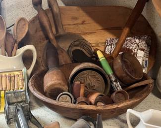 Wood butter molds , cookie press, wood dough bowl 