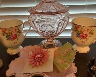 Open rose candy Dish ,pink brooch , paper fans 
