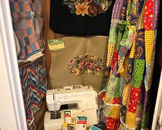 Singer machine , patchwork skirt , needlepoint chair covers 