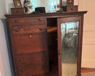 Unusual oak wardrobe w mirror and drawers 