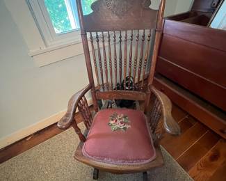 Pressed back oak rocker w needlepoint seat 
