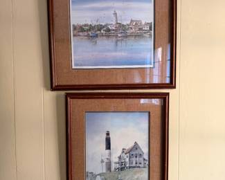 Pair of framed signed coastal watercolor prints, harbor scene and lighthouse