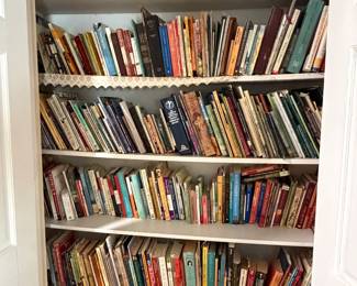 Closet converted to bookshelves, five shelves packed with hardcover and paperback books