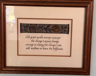 Framed calligraphy Serenity Prayer with a woven tapestry band