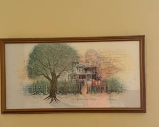 Framed watercolor print, Victorian house with large tree and handwritten verse